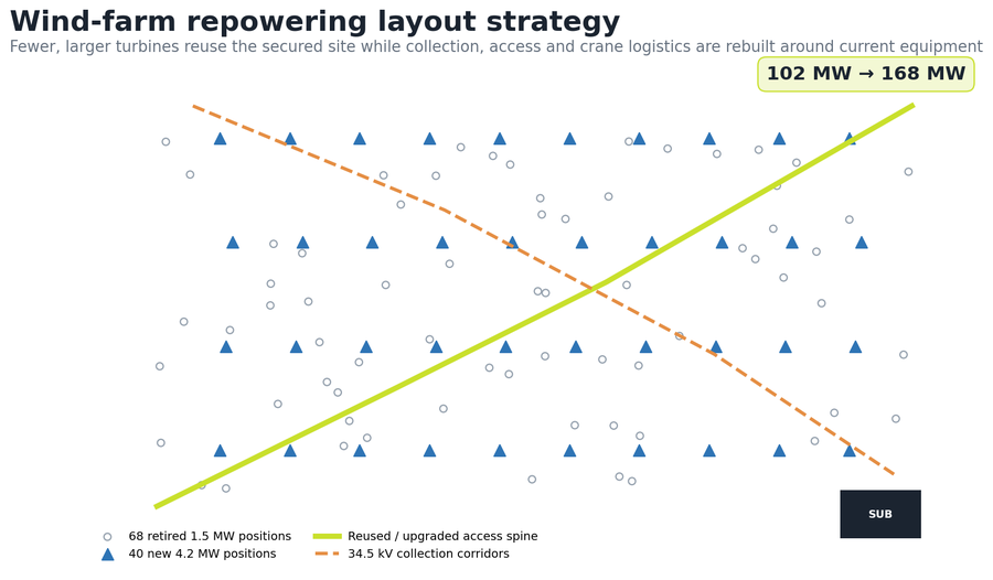 Wind-farm repowering layout strategy showing retired and new turbine positions